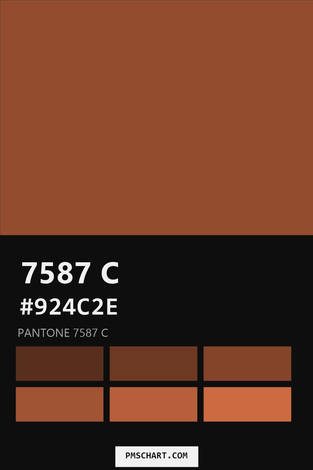 Pantone 7587 C color reference card (HEX #924C2E) with six nearest Pantone matches