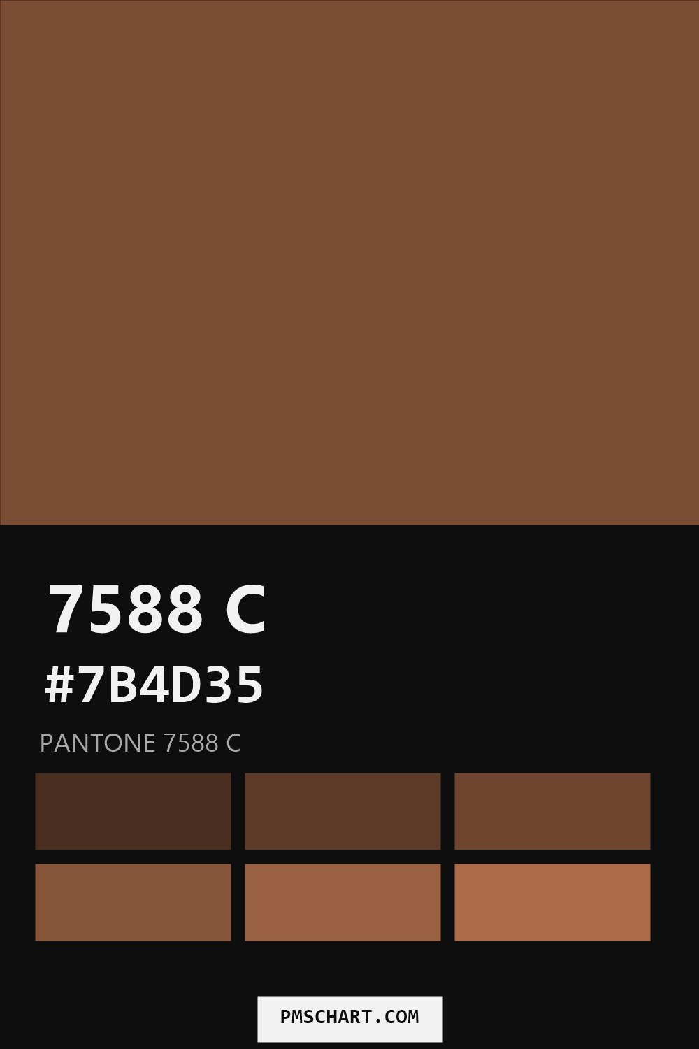 Pantone 7588 C color reference card (HEX #7B4D35) with six nearest Pantone matches