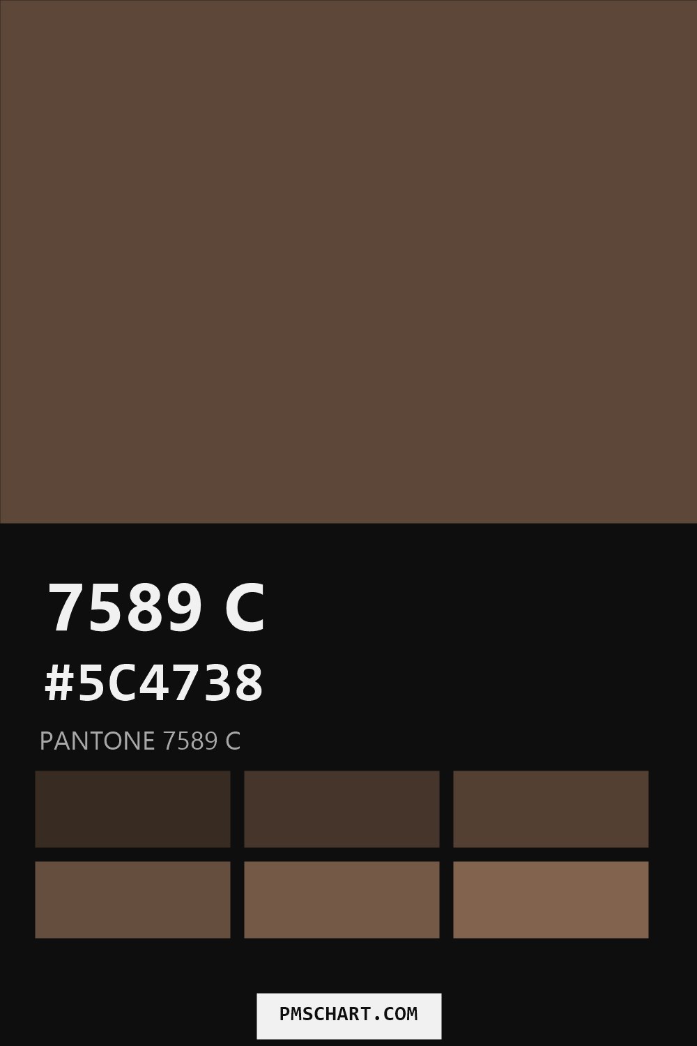 Pantone 7589 C color reference card (HEX #5C4738) with six nearest Pantone matches