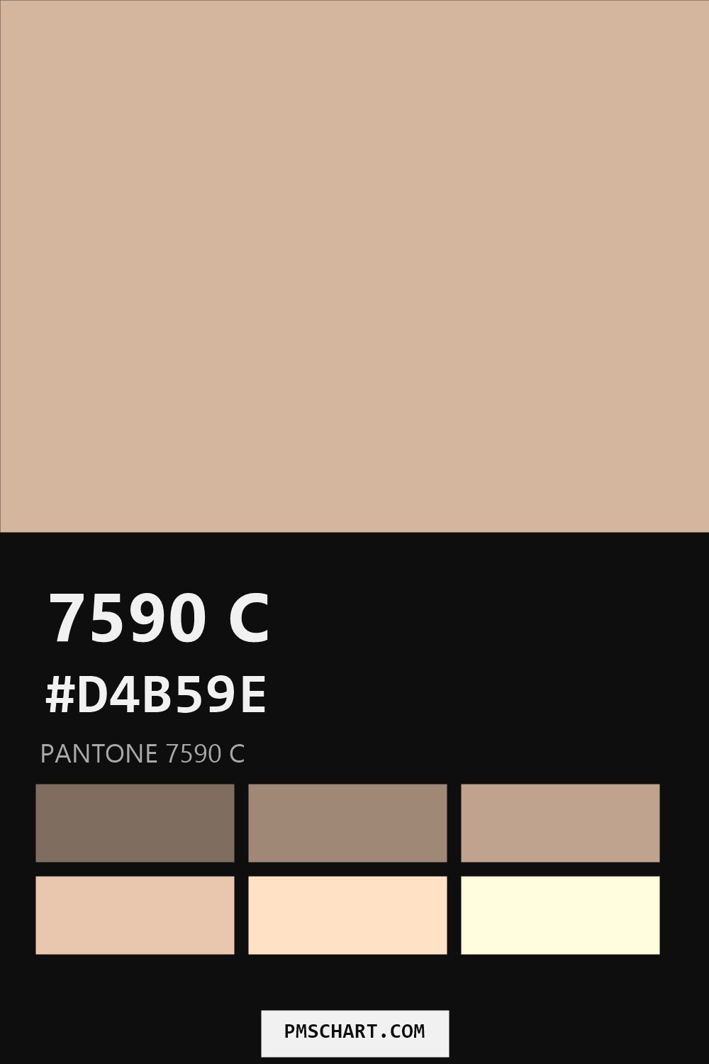 Pantone 7590 C color reference card (HEX #D4B59E) with six nearest Pantone matches