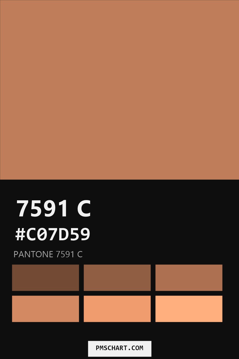 Pantone 7591 C color reference card (HEX #C07D59) with six nearest Pantone matches