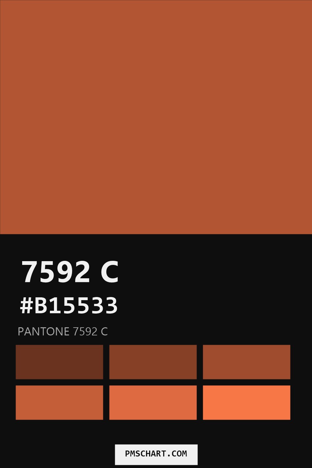 Pantone 7592 C color reference card (HEX #B15533) with six nearest Pantone matches