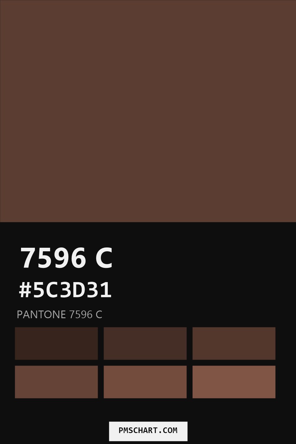 Pantone 7596 C color reference card (HEX #5C3D31) with six nearest Pantone matches