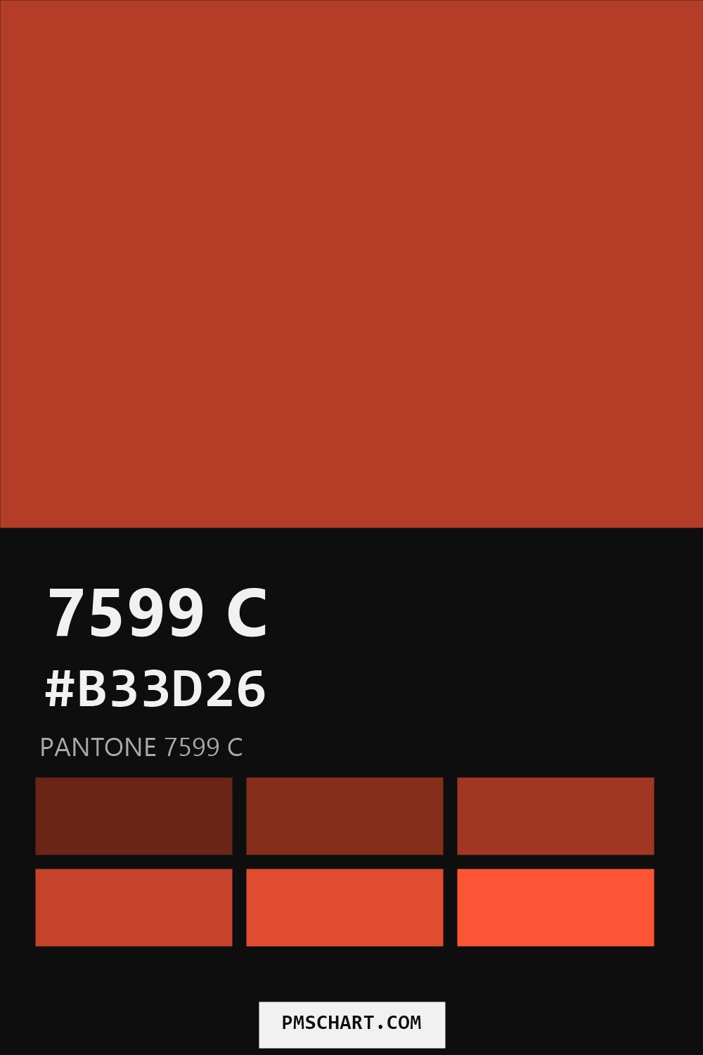 Pantone 7599 C color reference card (HEX #B33D26) with six nearest Pantone matches
