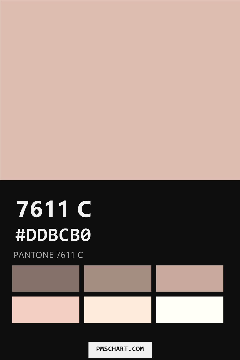 Pantone 7611 C color reference card (HEX #DDBCB0) with six nearest Pantone matches