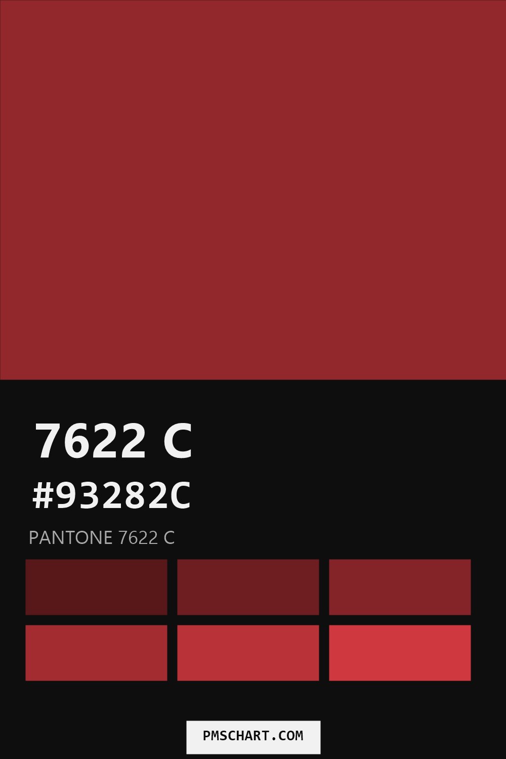 Pantone 7622 C color reference card (HEX #93282C) with six nearest Pantone matches