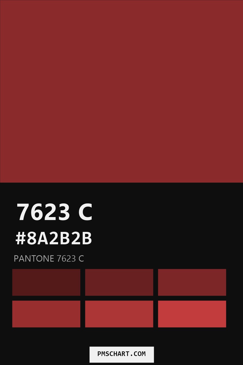 Pantone 7623 C color reference card (HEX #8A2B2B) with six nearest Pantone matches