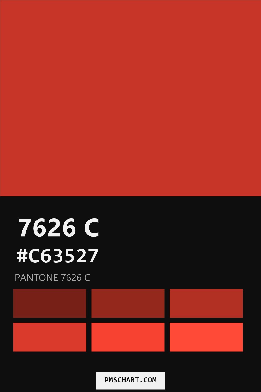 Pantone 7626 C color reference card (HEX #C63527) with six nearest Pantone matches