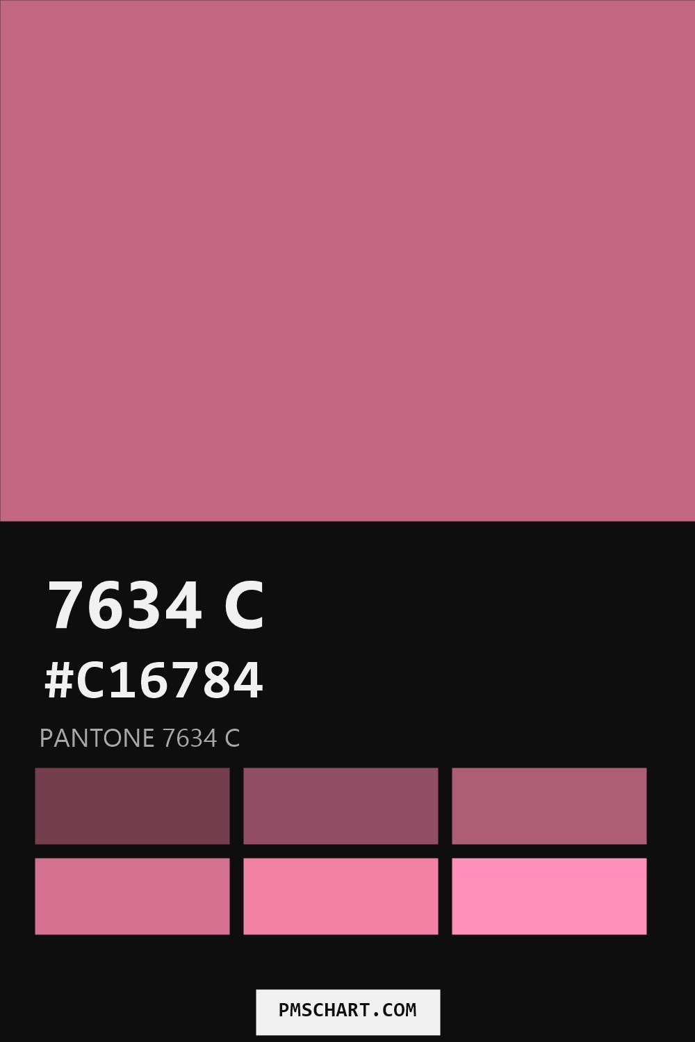 Pantone 7634 C color reference card (HEX #C16784) with six nearest Pantone matches