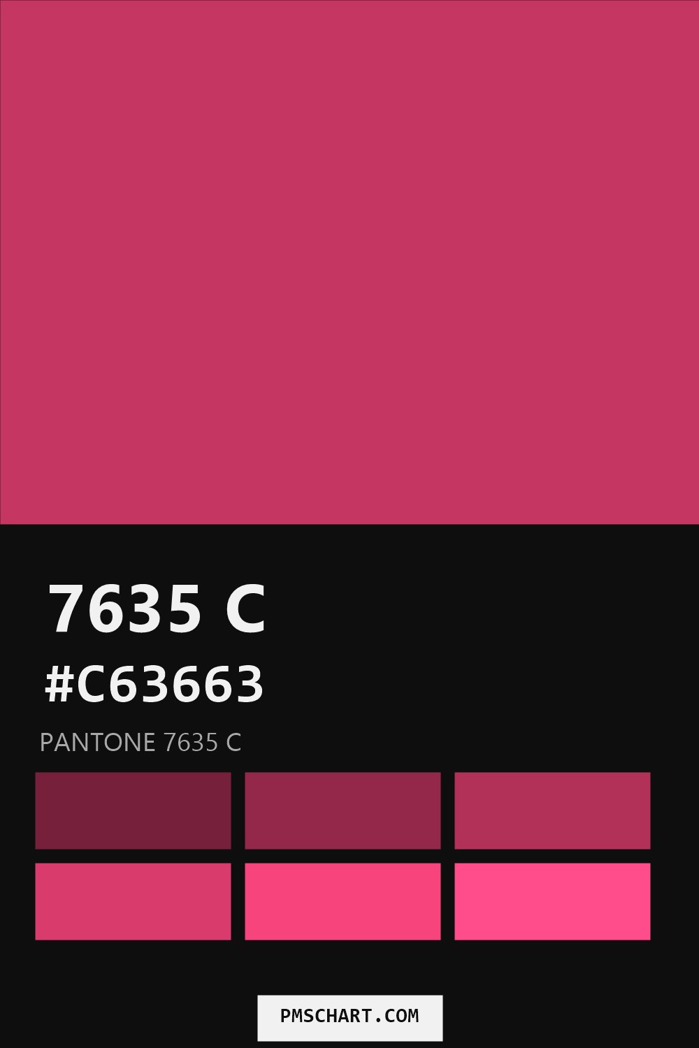Pantone 7635 C color reference card (HEX #C63663) with six nearest Pantone matches