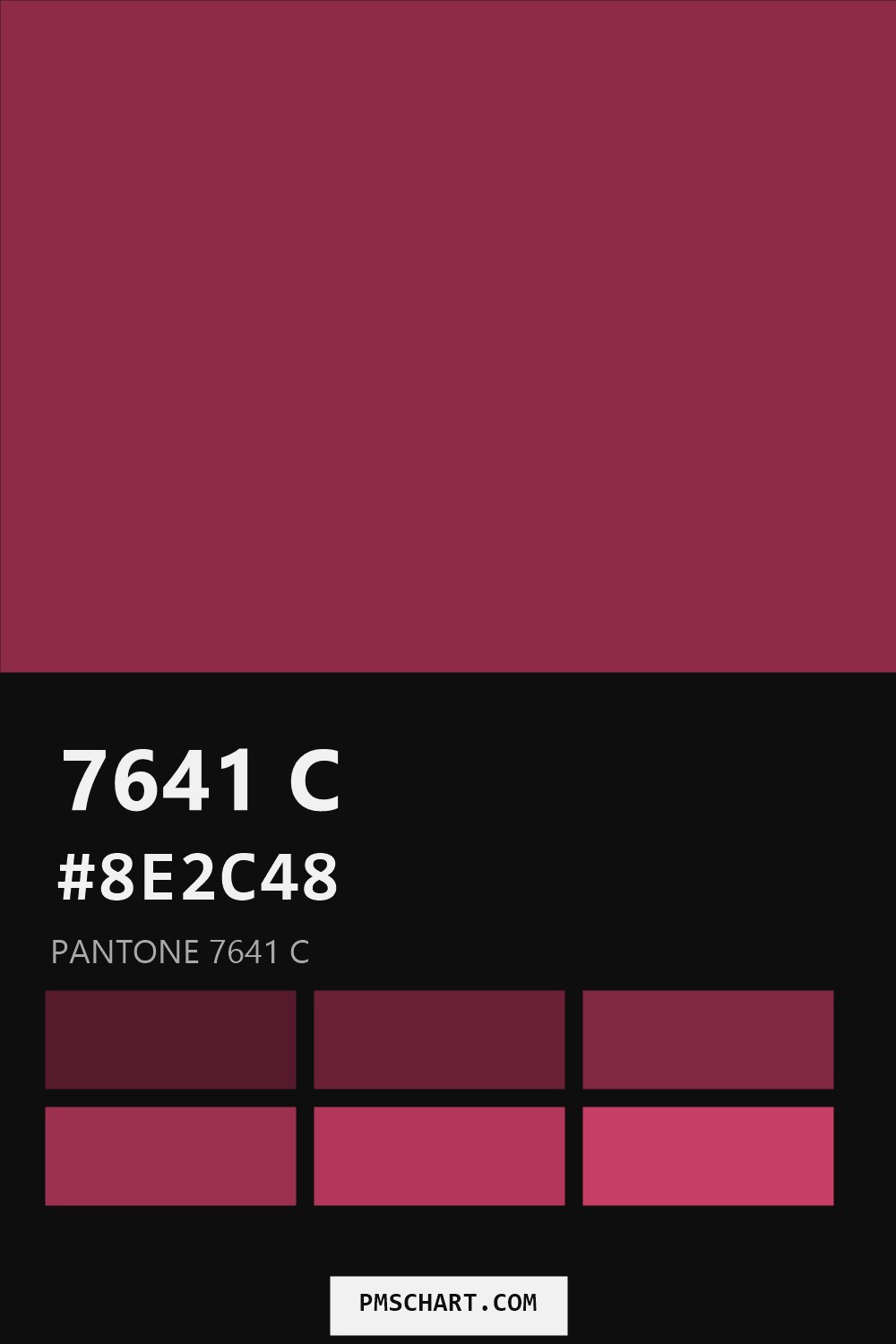 Pantone 7641 C color reference card (HEX #8E2C48) with six nearest Pantone matches