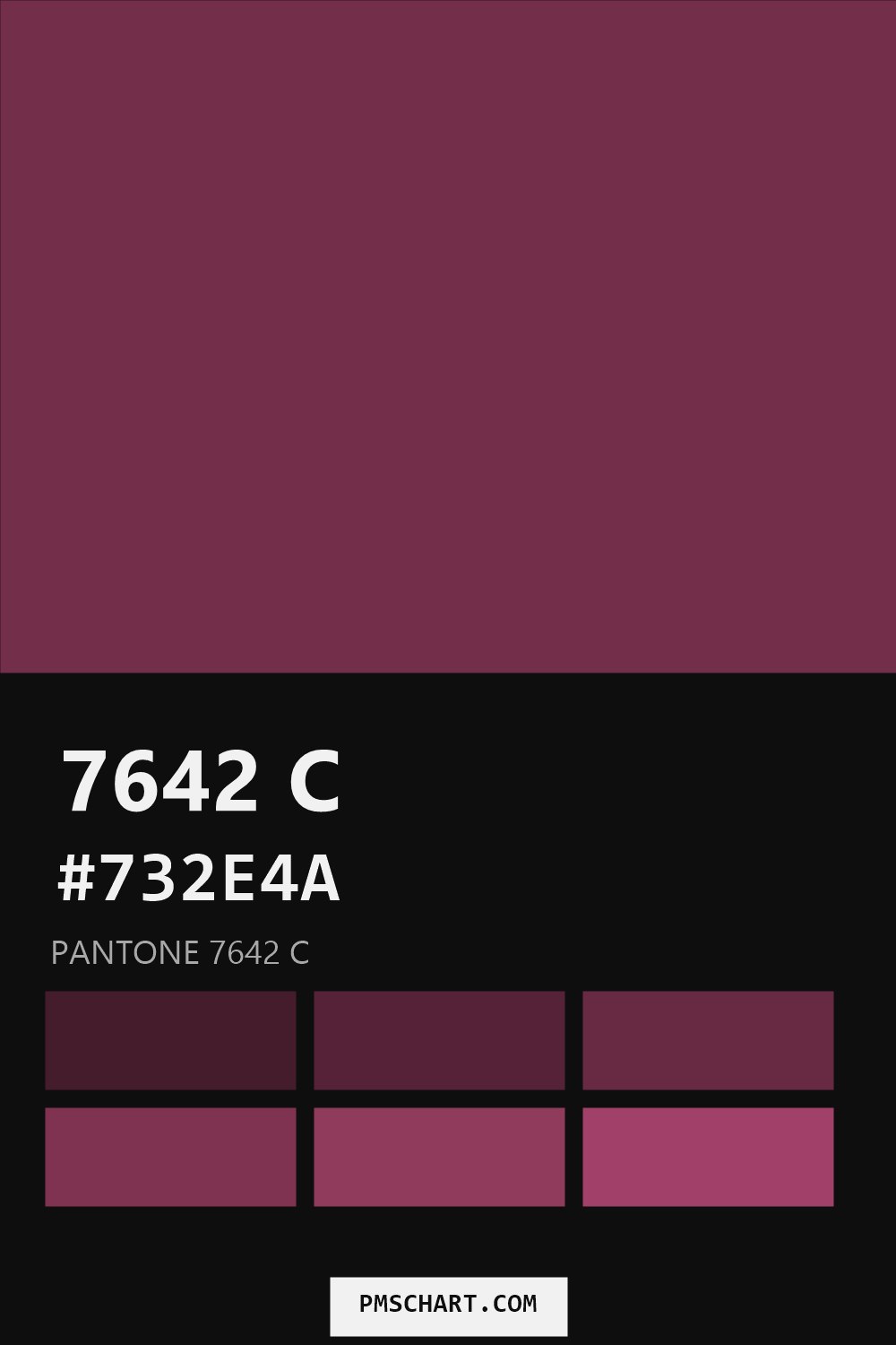 Pantone 7642 C color reference card (HEX #732E4A) with six nearest Pantone matches