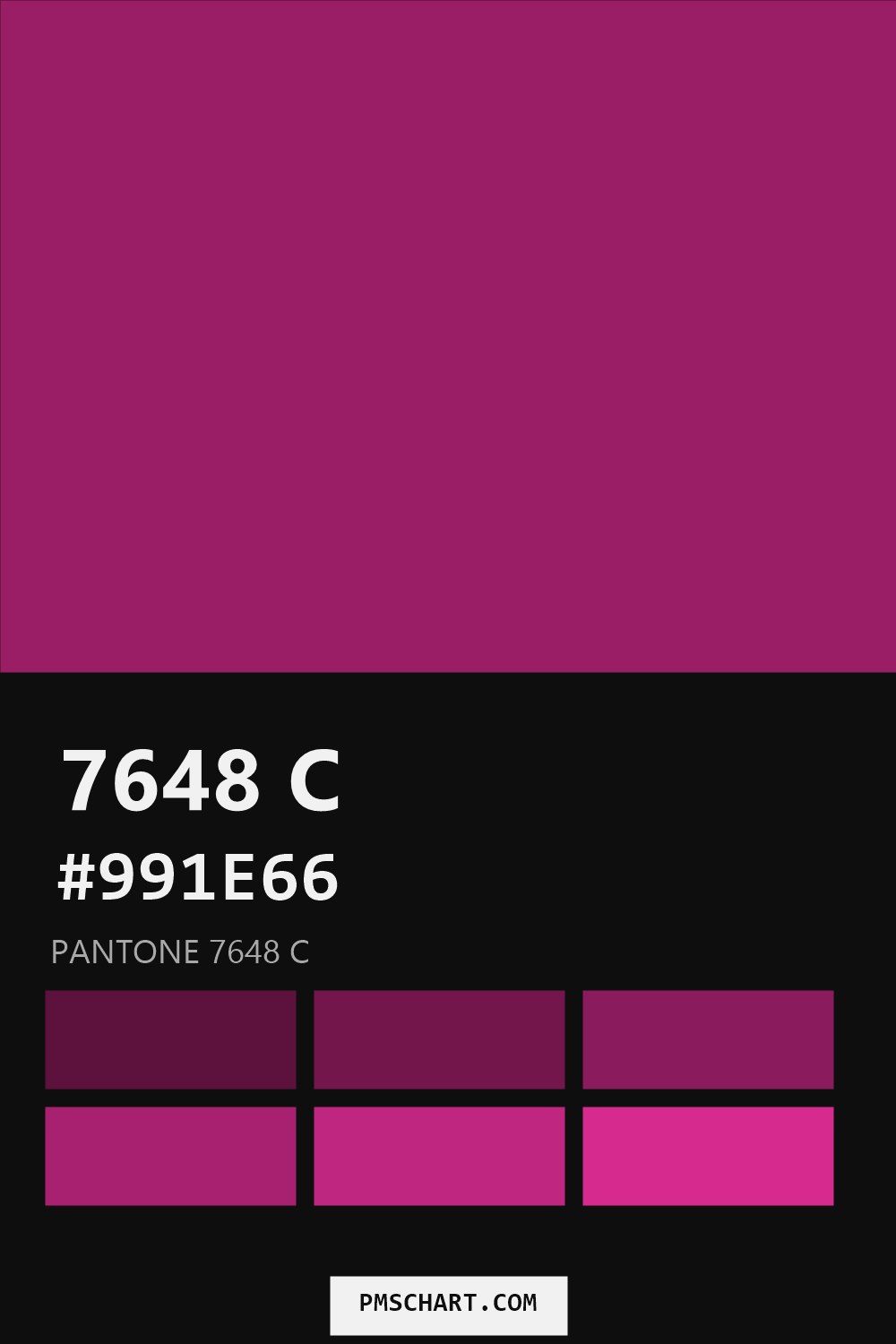Pantone 7648 C color reference card (HEX #991E66) with six nearest Pantone matches