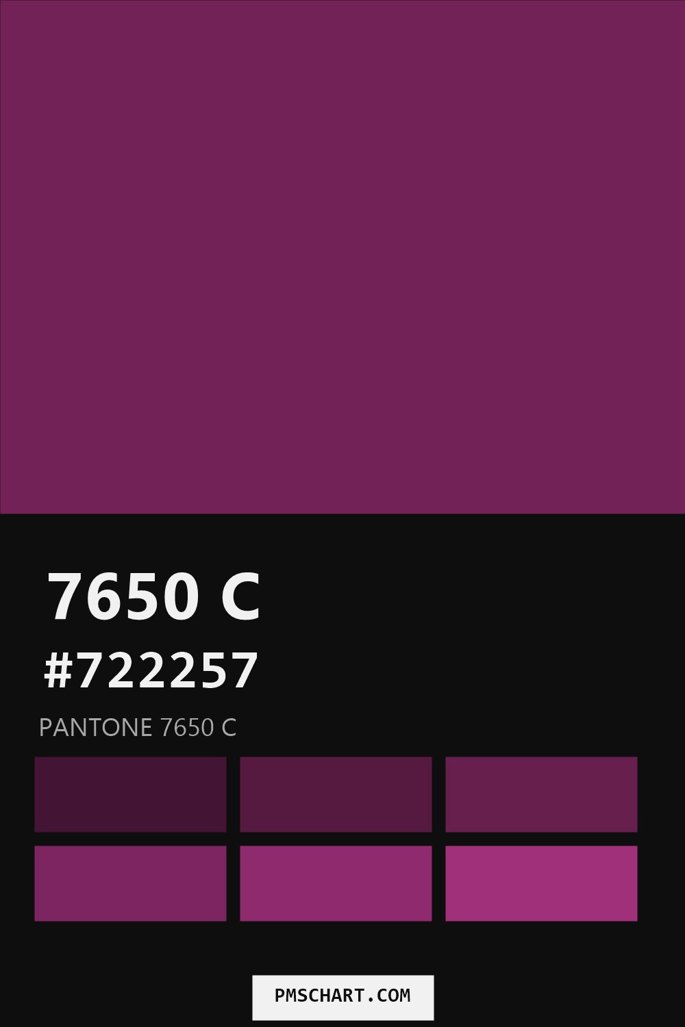 Pantone 7650 C color reference card (HEX #722257) with six nearest Pantone matches
