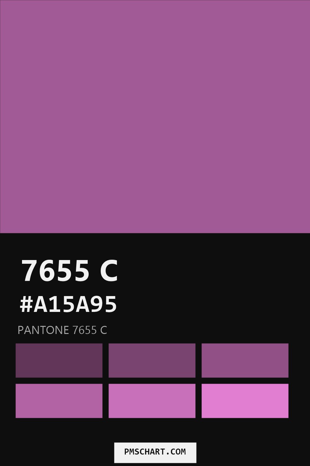Pantone 7655 C color reference card (HEX #A15A95) with six nearest Pantone matches