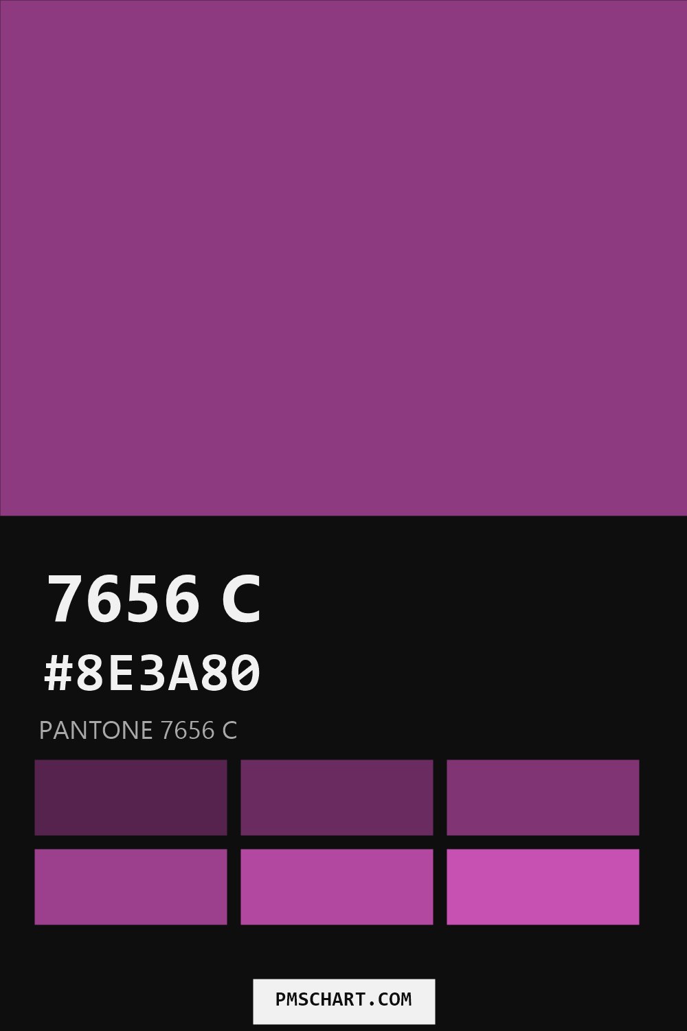 Pantone 7656 C color reference card (HEX #8E3A80) with six nearest Pantone matches