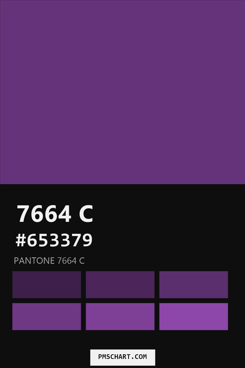 Pantone 7664 C color reference card (HEX #653379) with six nearest Pantone matches