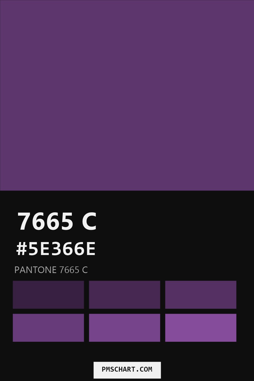 Pantone 7665 C color reference card (HEX #5E366E) with six nearest Pantone matches