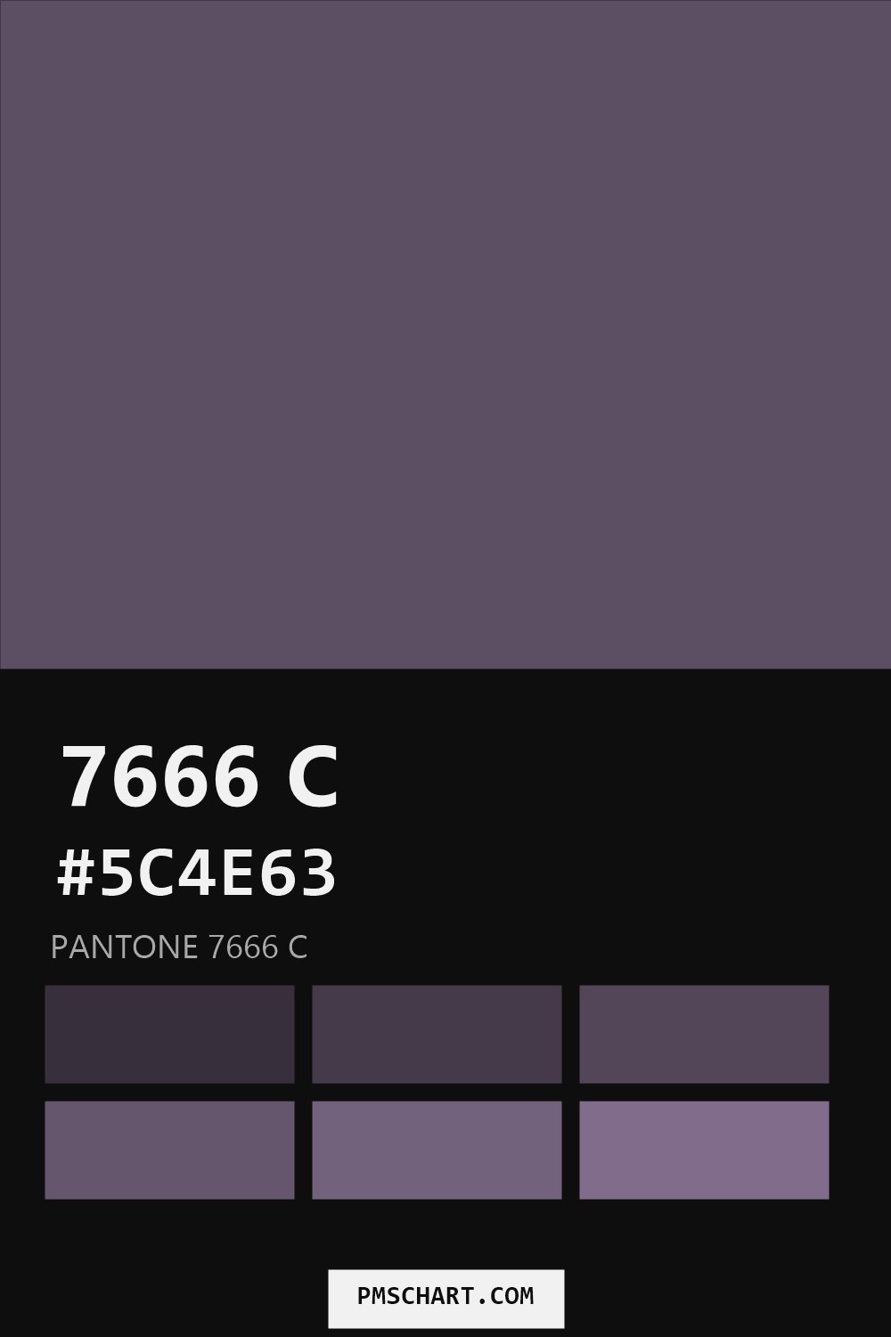 Pantone 7666 C color reference card (HEX #5C4E63) with six nearest Pantone matches
