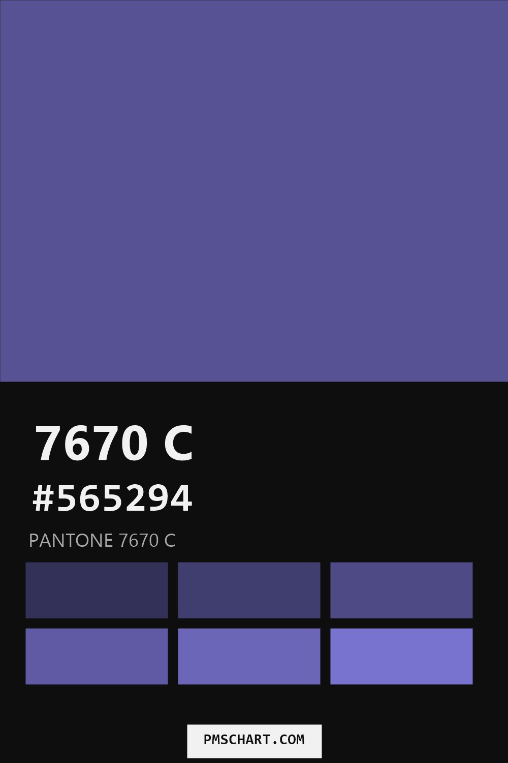 Pantone 7670 C color reference card (HEX #565294) with six nearest Pantone matches