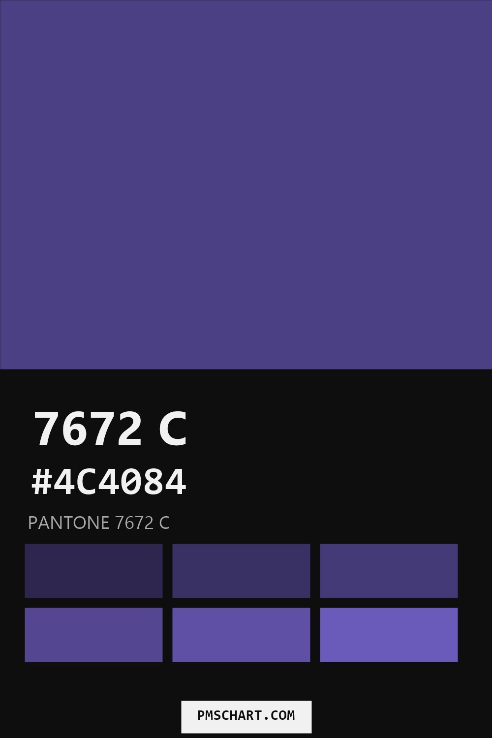 Pantone 7672 C color reference card (HEX #4C4084) with six nearest Pantone matches