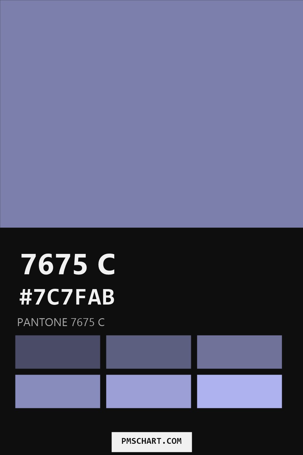 Pantone 7675 C color reference card (HEX #7C7FAB) with six nearest Pantone matches