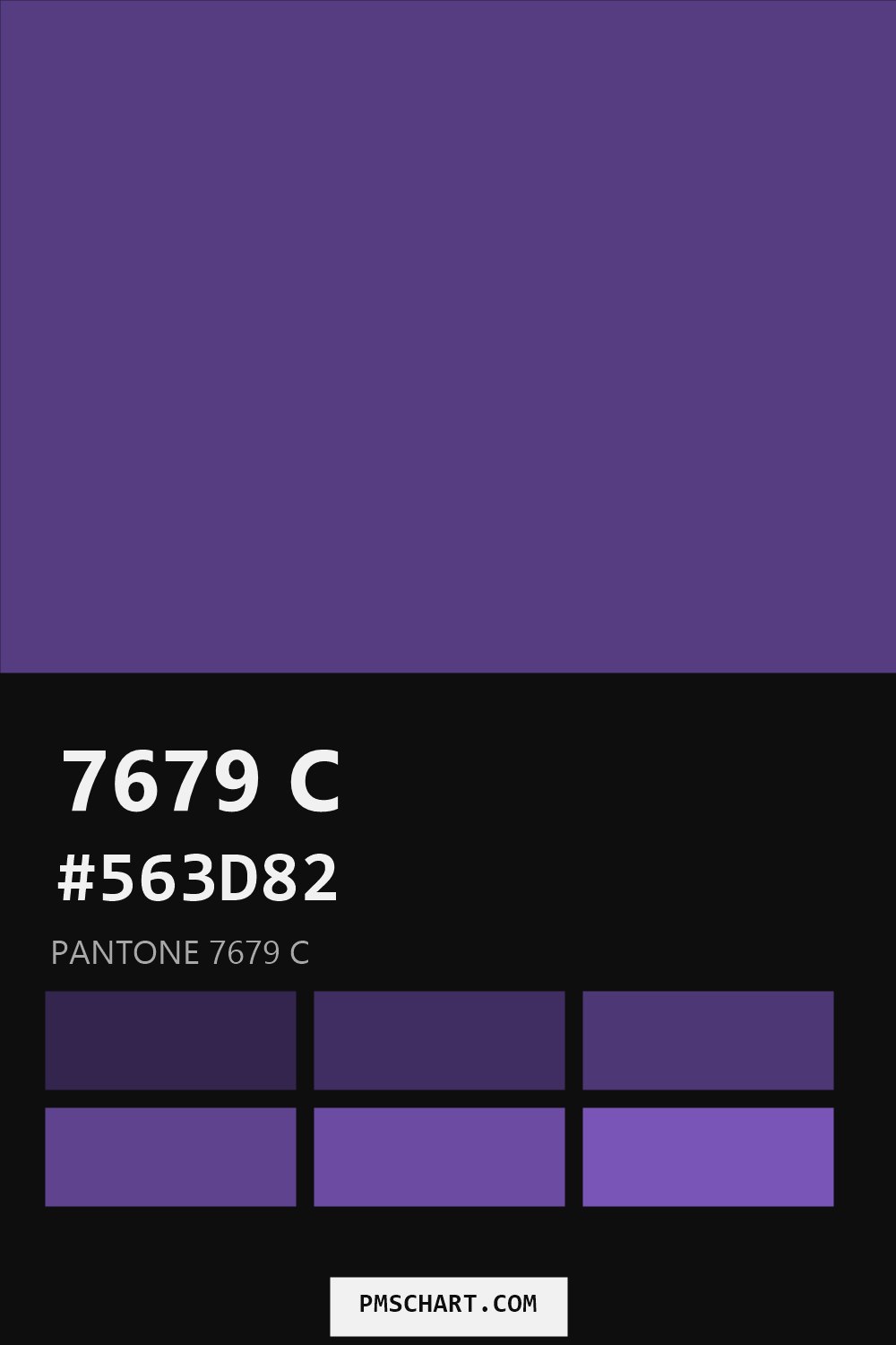 Pantone 7679 C color reference card (HEX #563D82) with six nearest Pantone matches