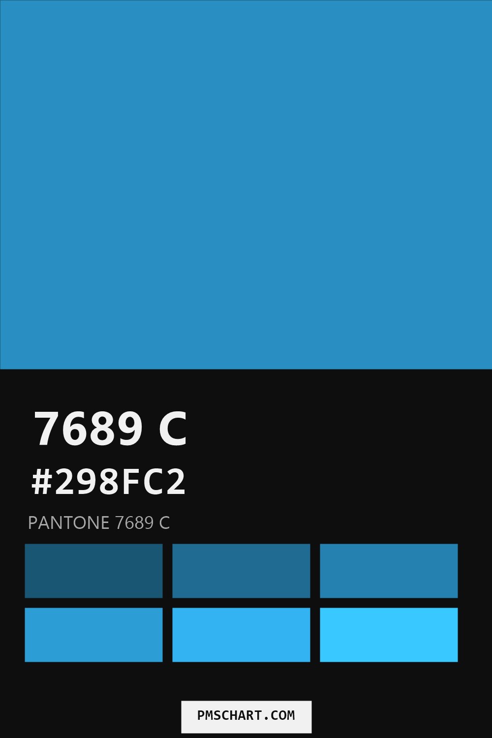 Pantone 7689 C color reference card (HEX #298FC2) with six nearest Pantone matches