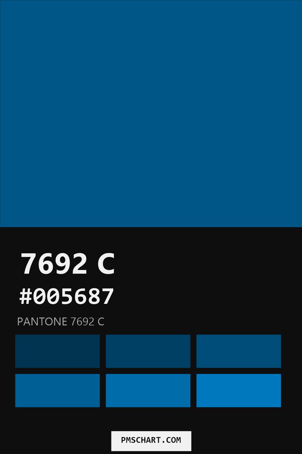 Pantone 7692 C color reference card (HEX #005687) with six nearest Pantone matches