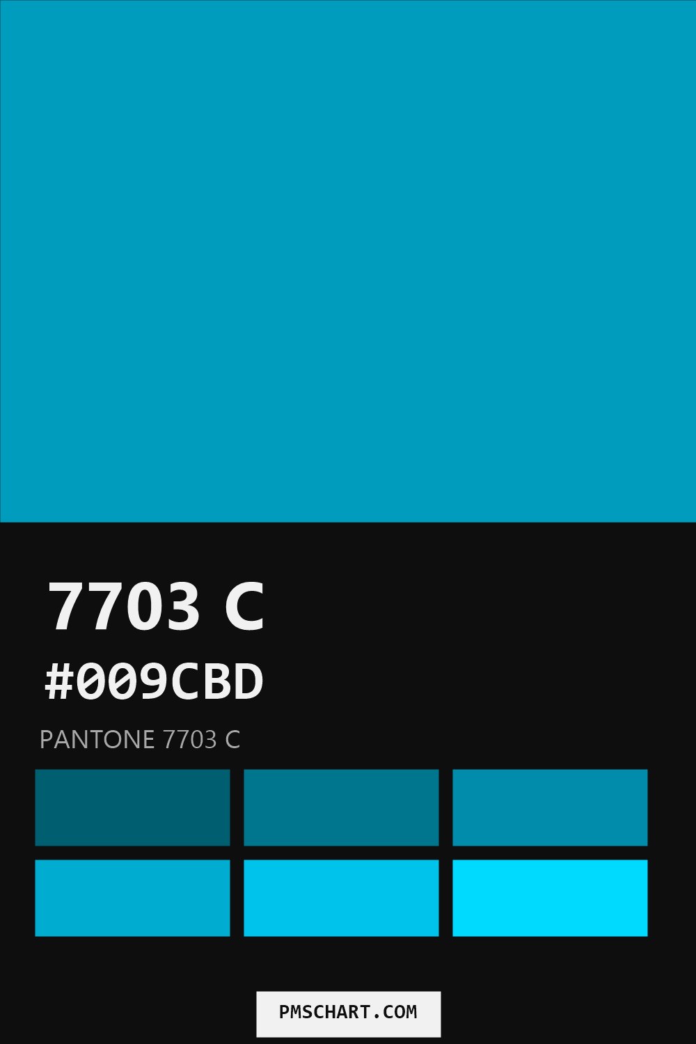 Pantone 7703 C color reference card (HEX #009CBD) with six nearest Pantone matches