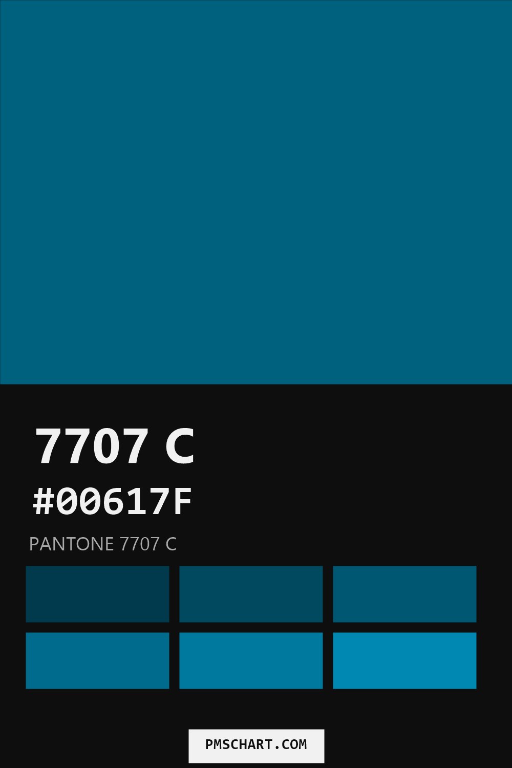 Pantone 7707 C color reference card (HEX #00617F) with six nearest Pantone matches