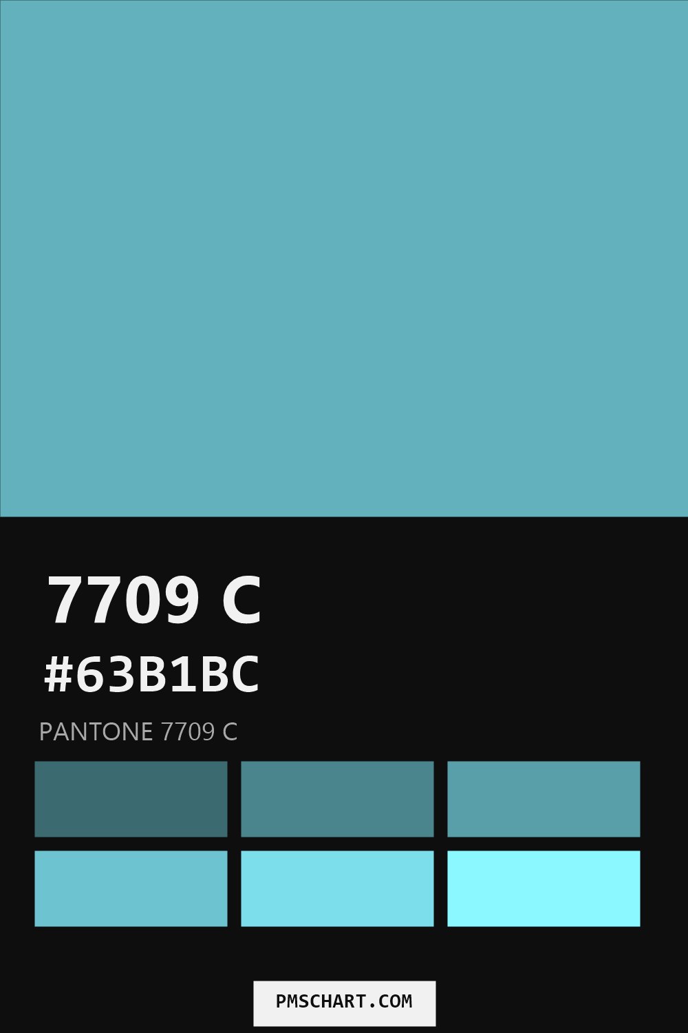Pantone 7709 C color reference card (HEX #63B1BC) with six nearest Pantone matches