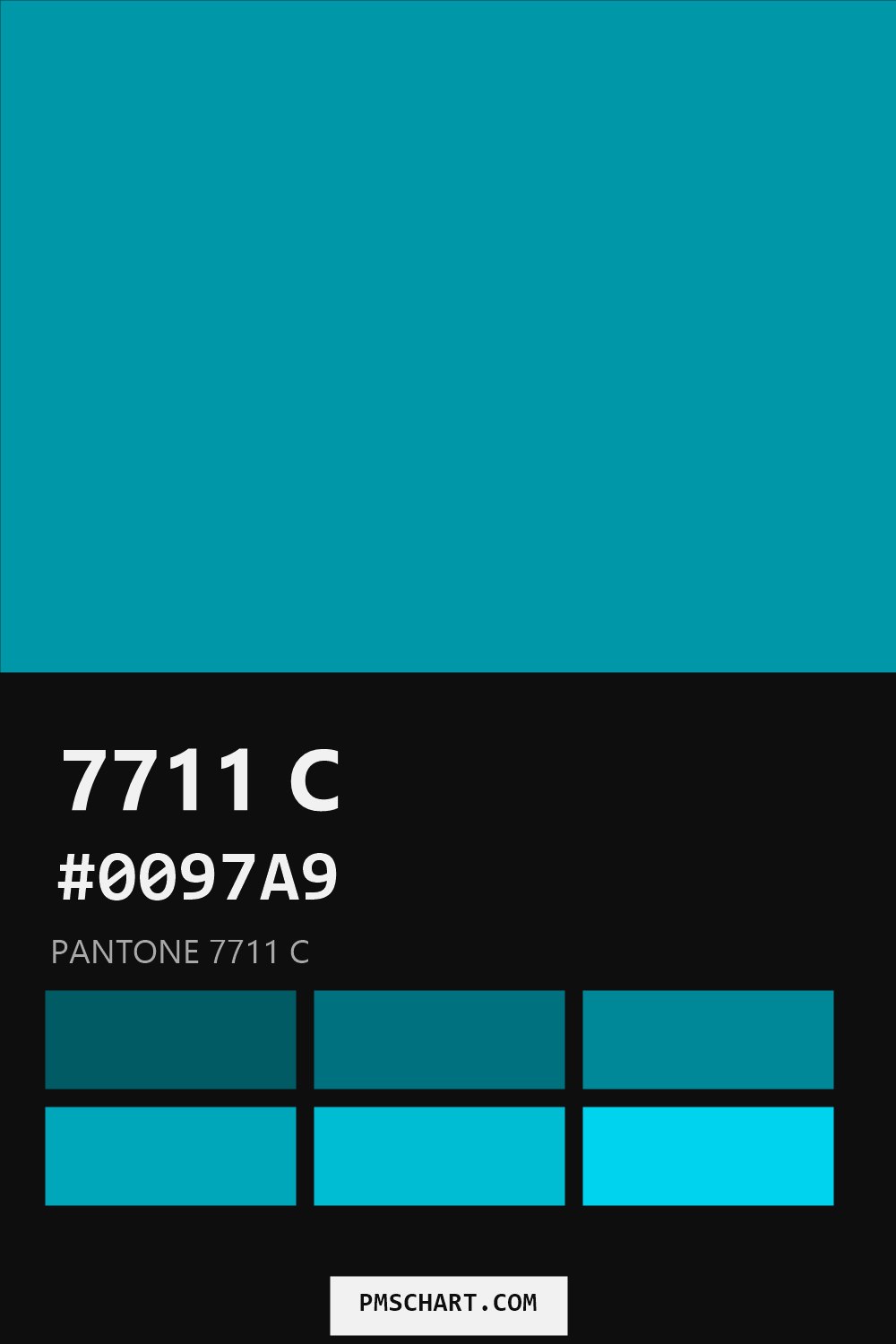 Pantone 7711 C color reference card (HEX #0097A9) with six nearest Pantone matches