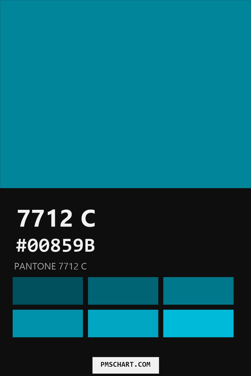Pantone 7712 C color reference card (HEX #00859B) with six nearest Pantone matches