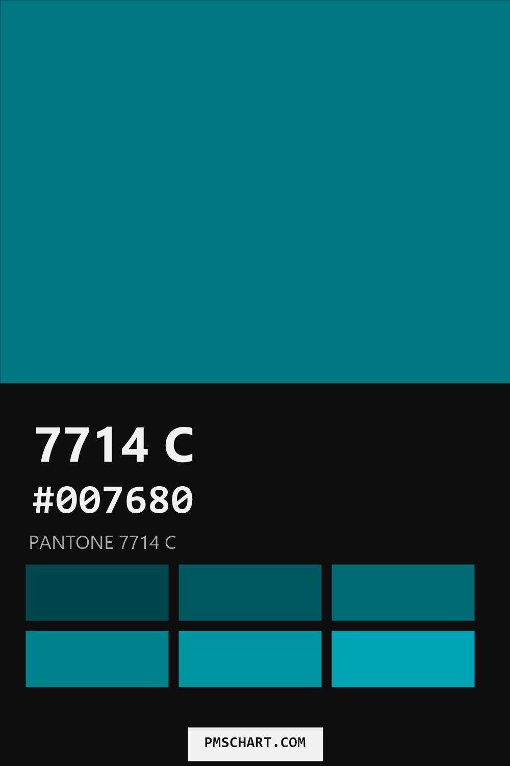 Pantone 7714 C color reference card (HEX #007680) with six nearest Pantone matches