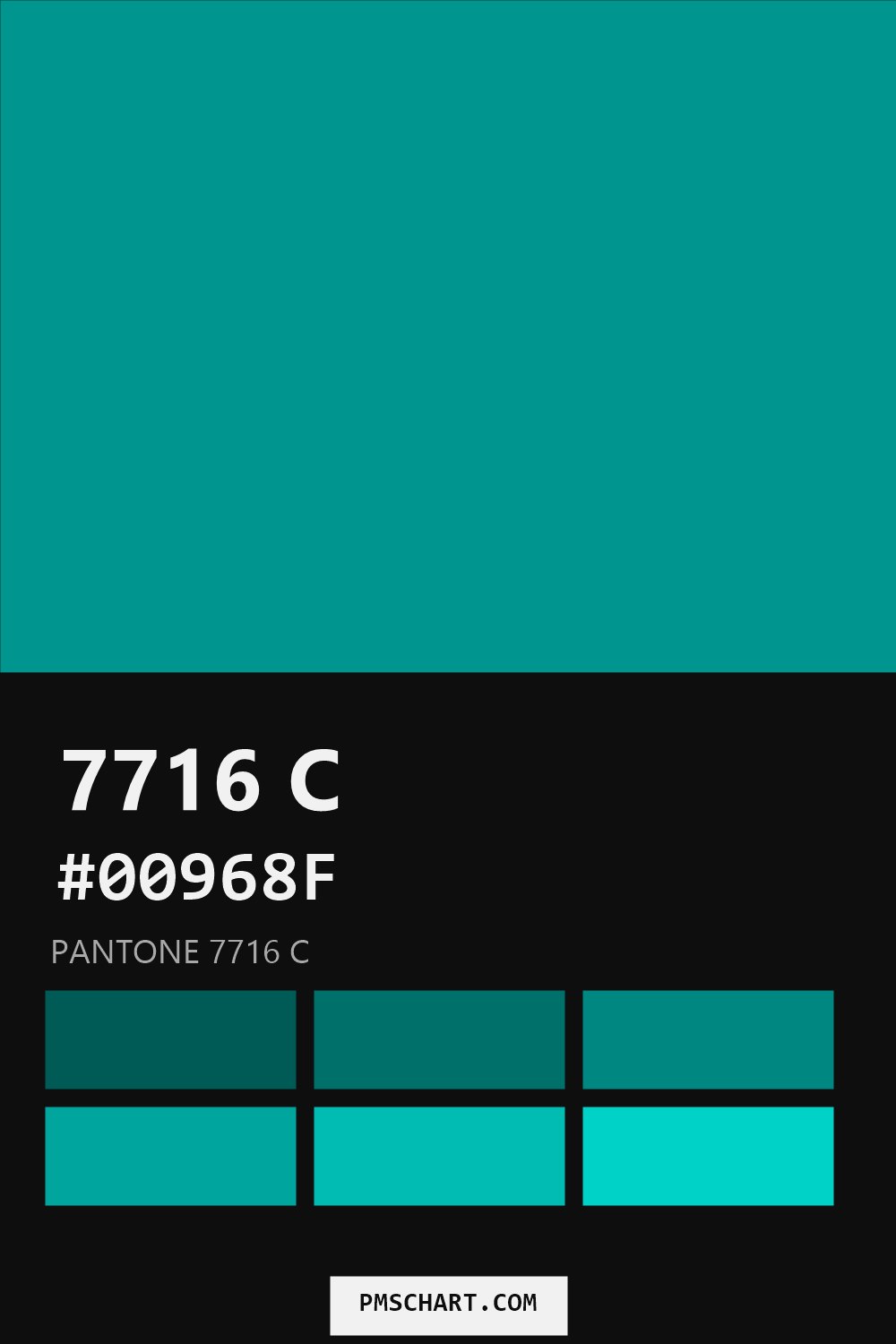 Pantone 7716 C color reference card (HEX #00968F) with six nearest Pantone matches