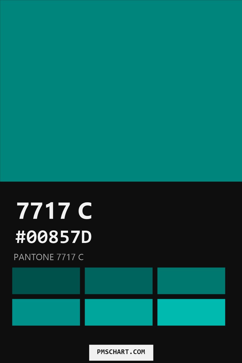 Pantone 7717 C color reference card (HEX #00857D) with six nearest Pantone matches
