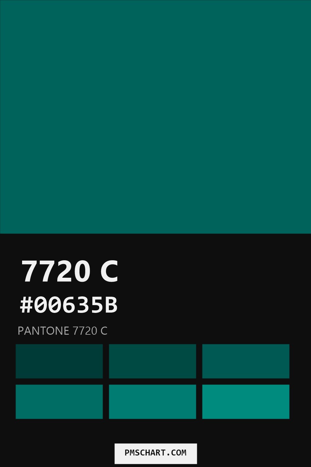 Pantone 7720 C color reference card (HEX #00635B) with six nearest Pantone matches