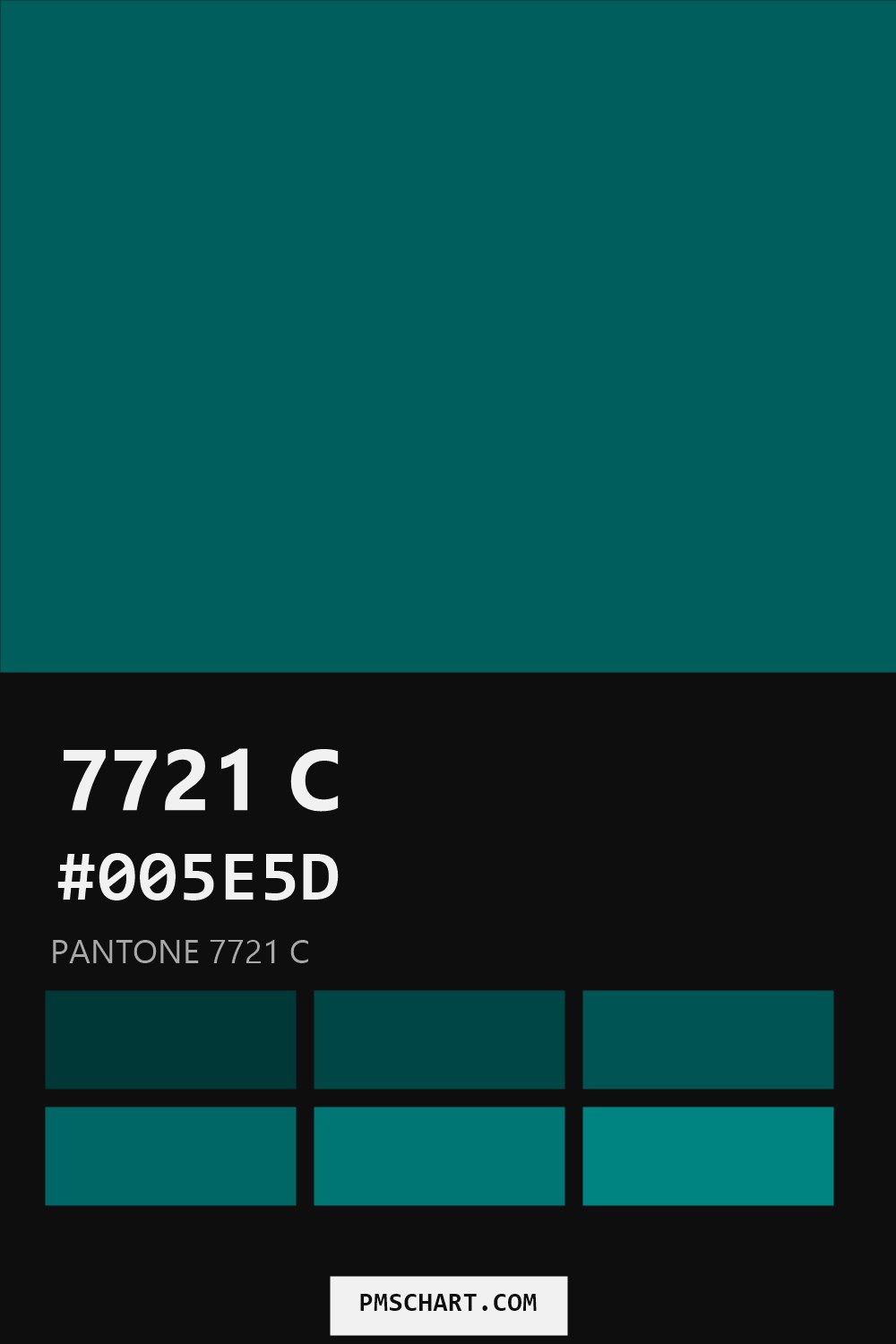 Pantone 7721 C color reference card (HEX #005E5D) with six nearest Pantone matches