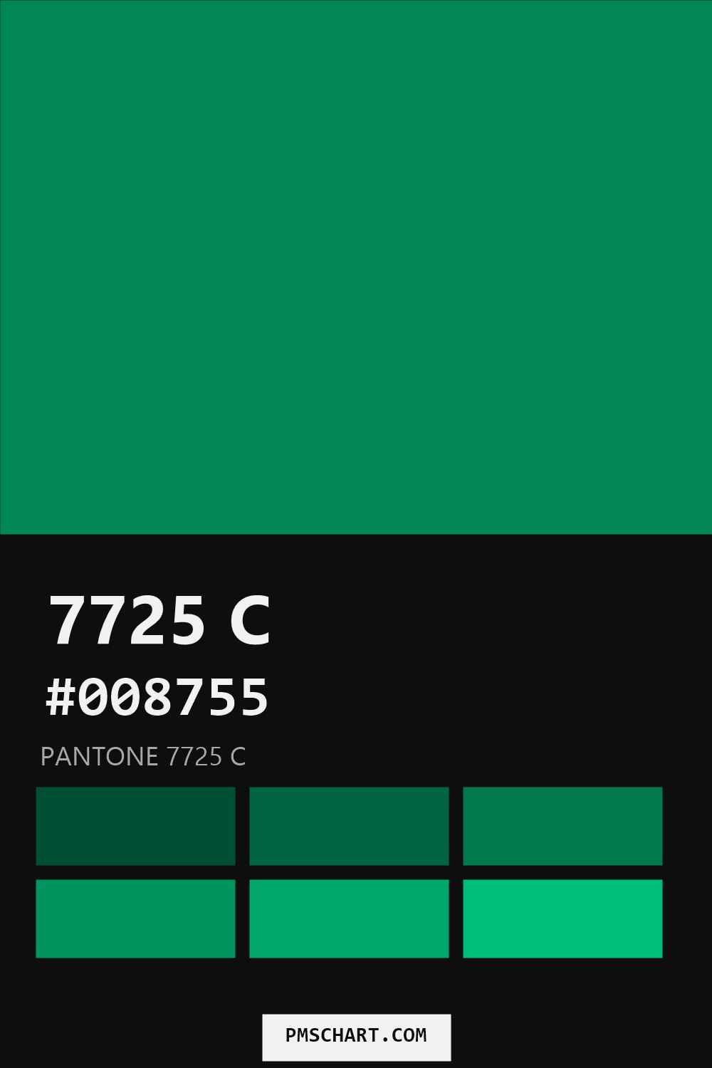 Pantone 7725 C color reference card (HEX #008755) with six nearest Pantone matches
