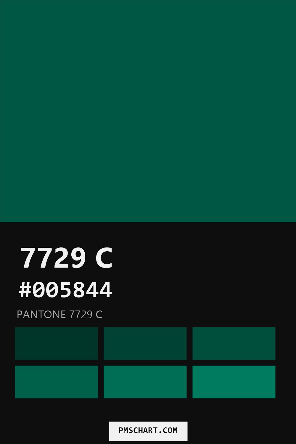 Pantone 7729 C color reference card (HEX #005844) with six nearest Pantone matches