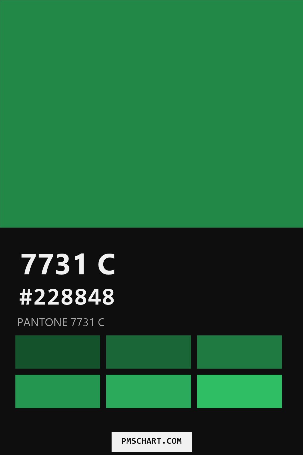 Pantone 7731 C color reference card (HEX #228848) with six nearest Pantone matches