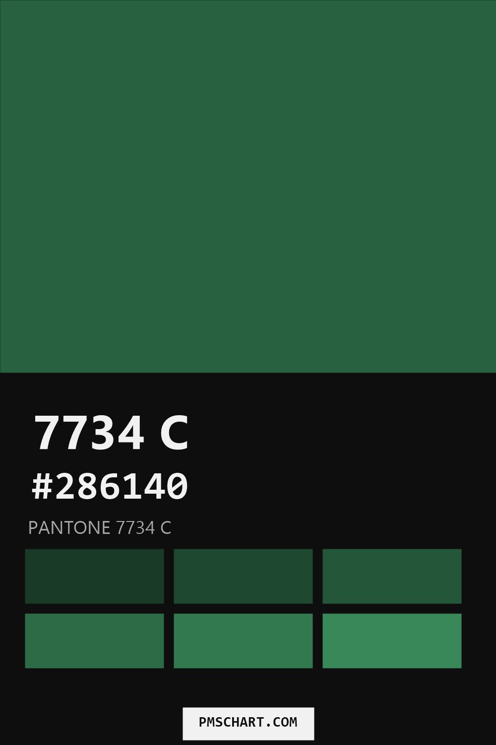Pantone 7734 C color reference card (HEX #286140) with six nearest Pantone matches