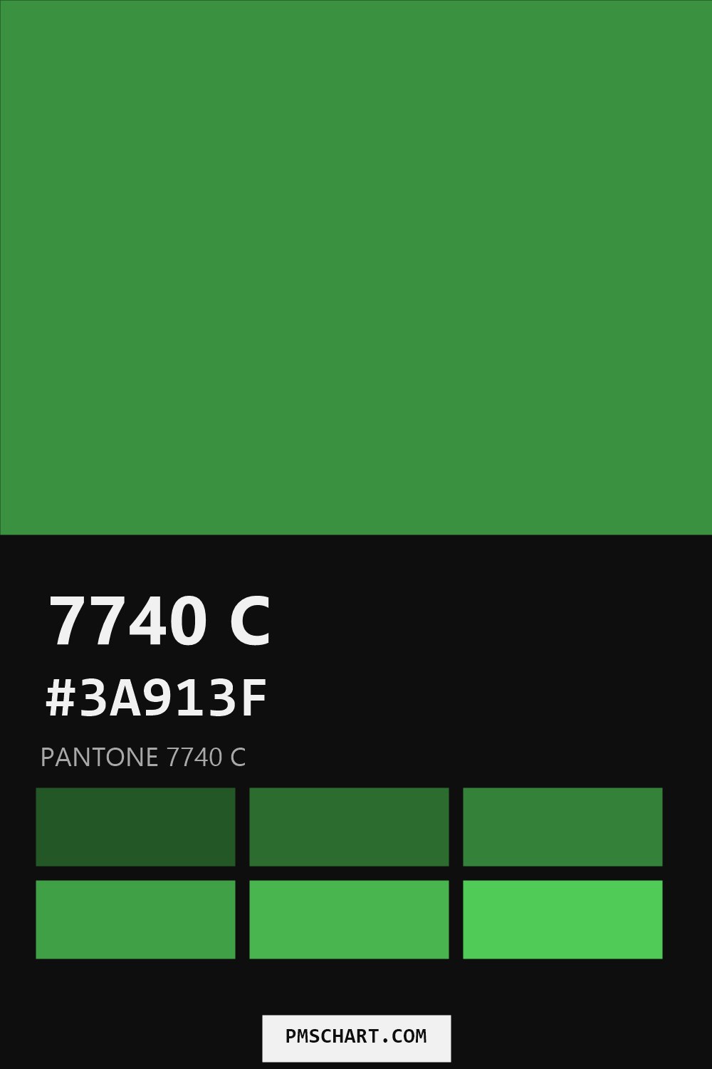 Pantone 7740 C color reference card (HEX #3A913F) with six nearest Pantone matches