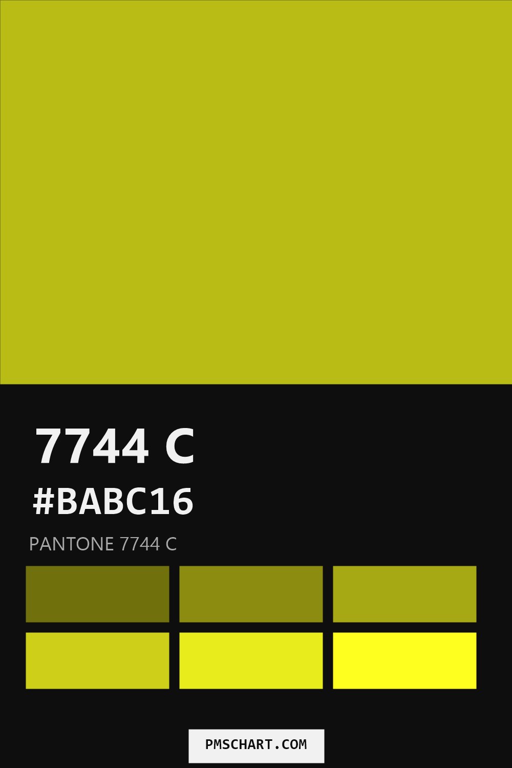 Pantone 7744 C color reference card (HEX #BABC16) with six nearest Pantone matches