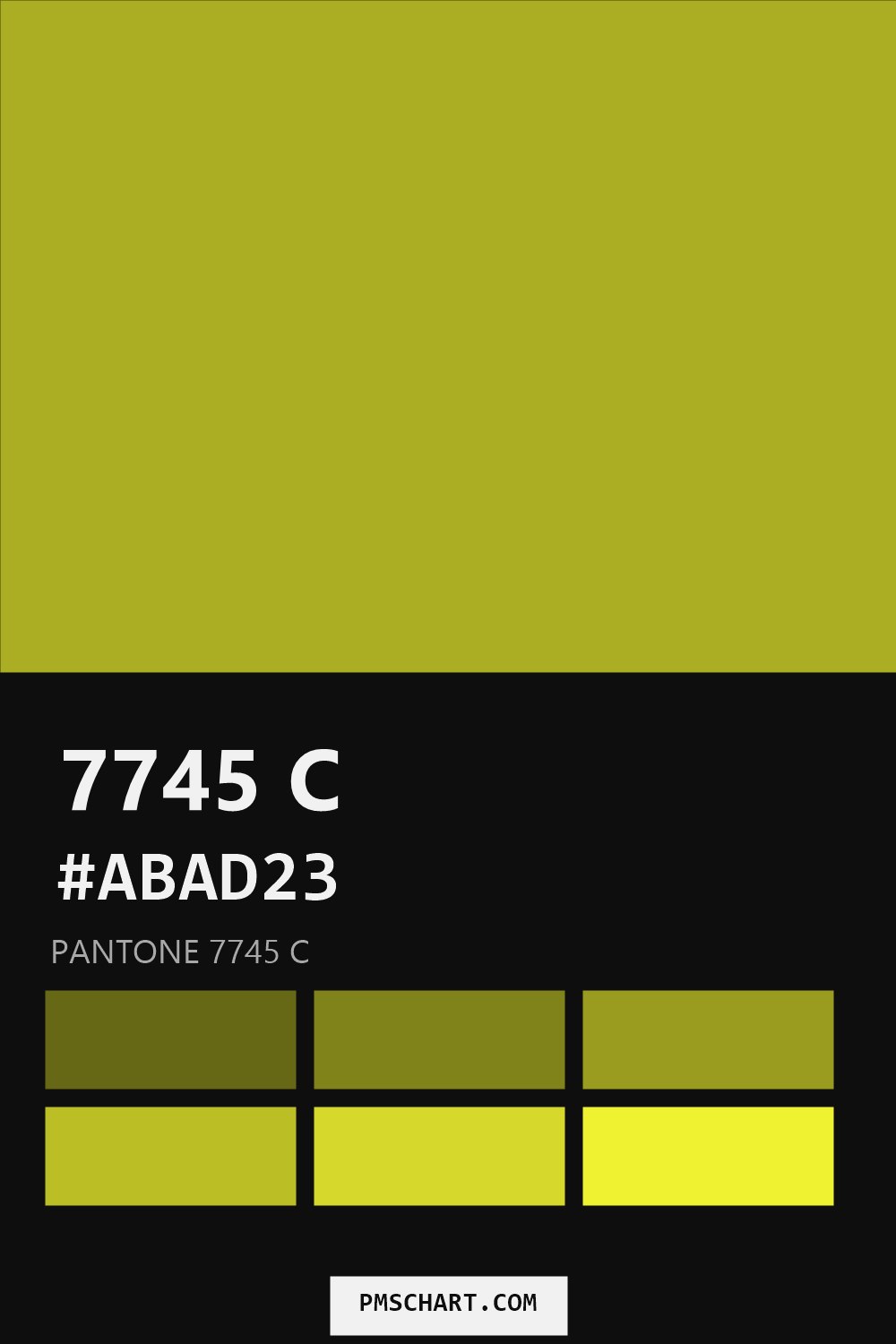 Pantone 7745 C color reference card (HEX #ABAD23) with six nearest Pantone matches