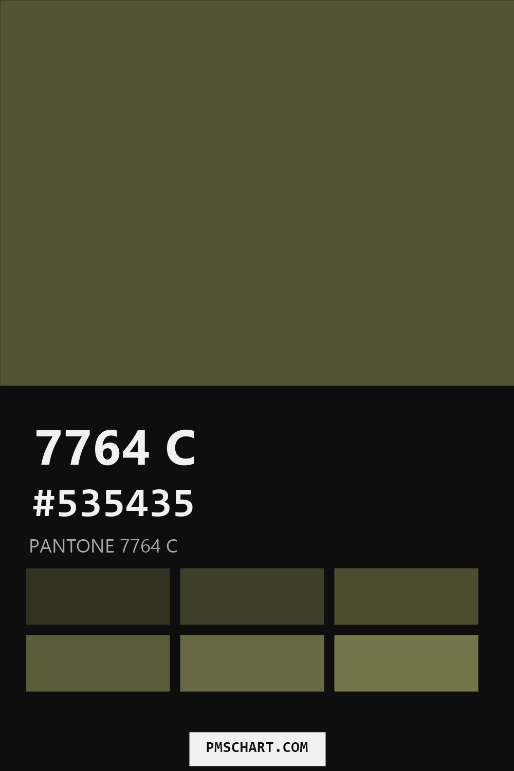 Pantone 7764 C color reference card (HEX #535435) with six nearest Pantone matches