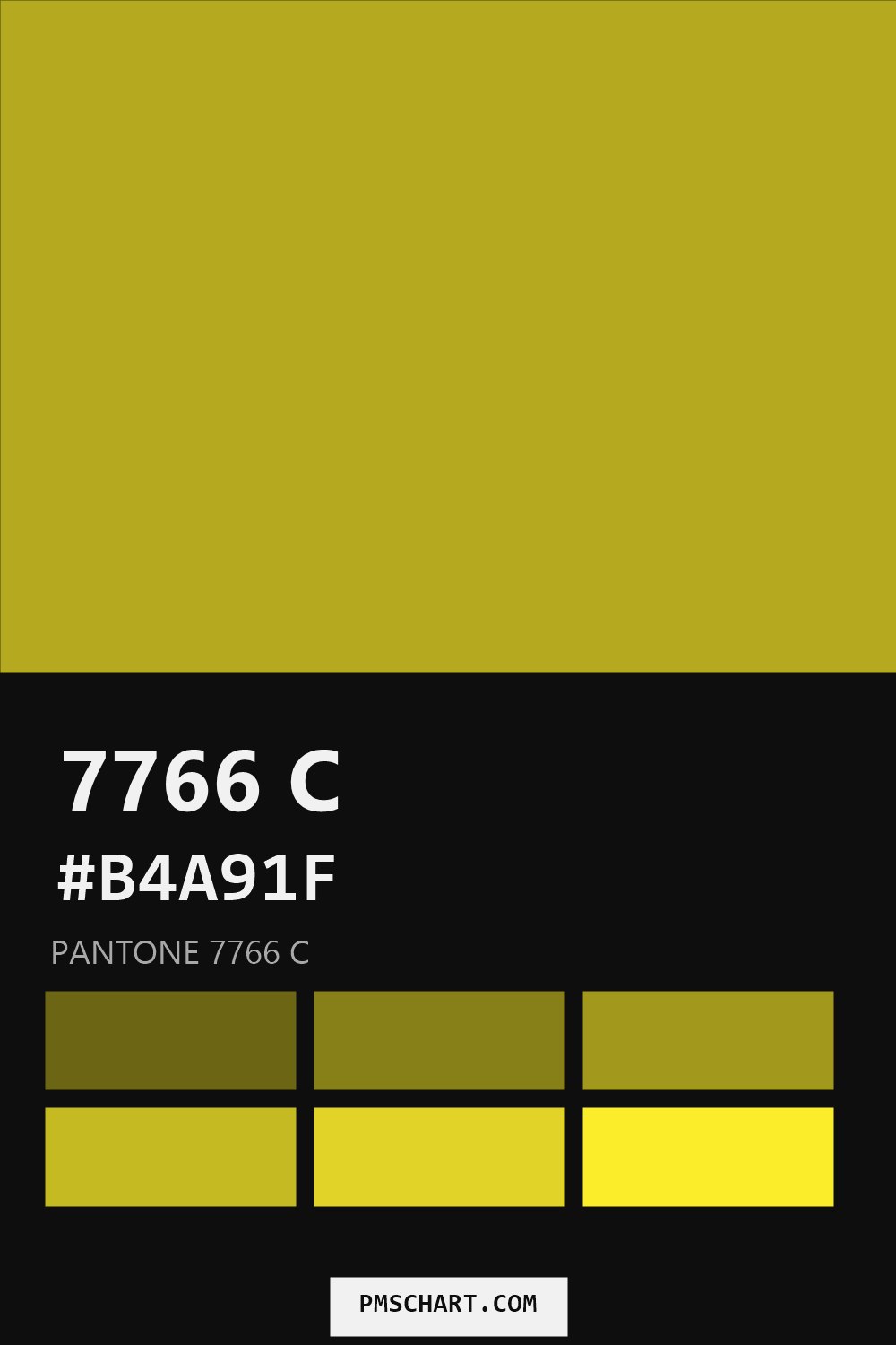Pantone 7766 C color reference card (HEX #B4A91F) with six nearest Pantone matches