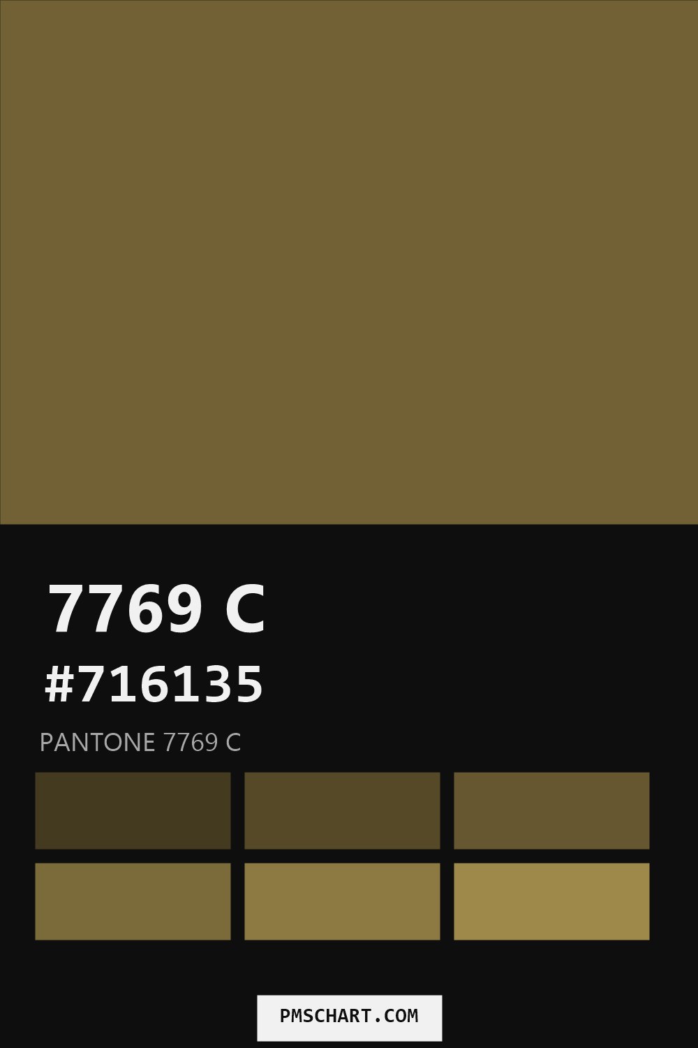 Pantone 7769 C color reference card (HEX #716135) with six nearest Pantone matches