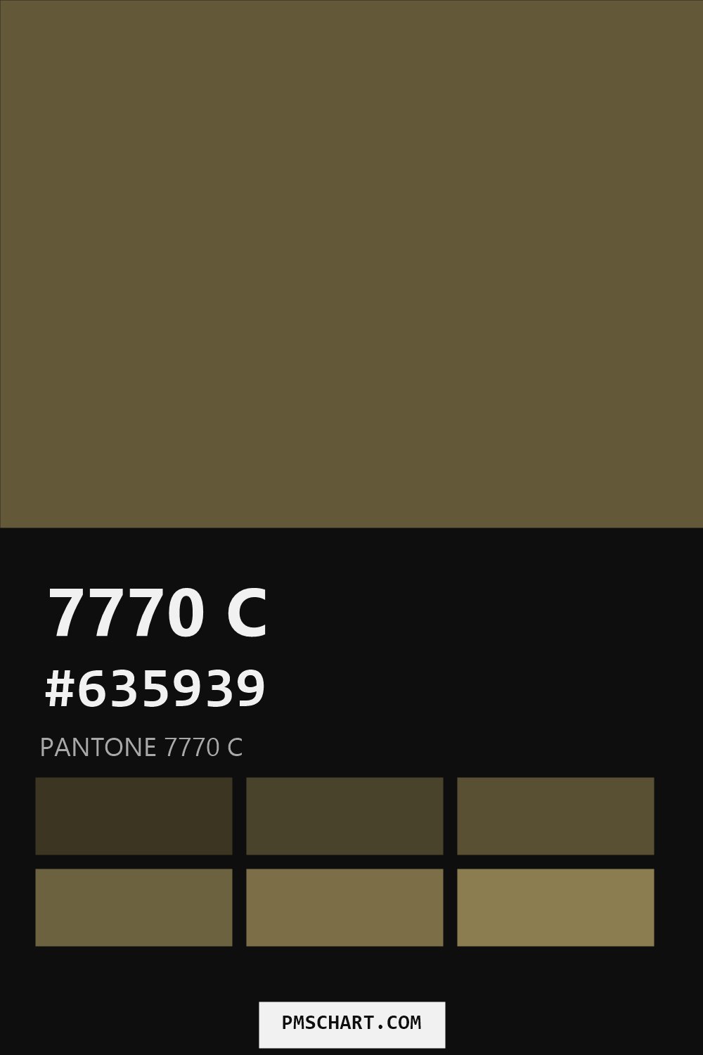 Pantone 7770 C color reference card (HEX #635939) with six nearest Pantone matches